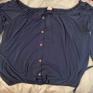 Blue off the shoulder top. Super stretchy.